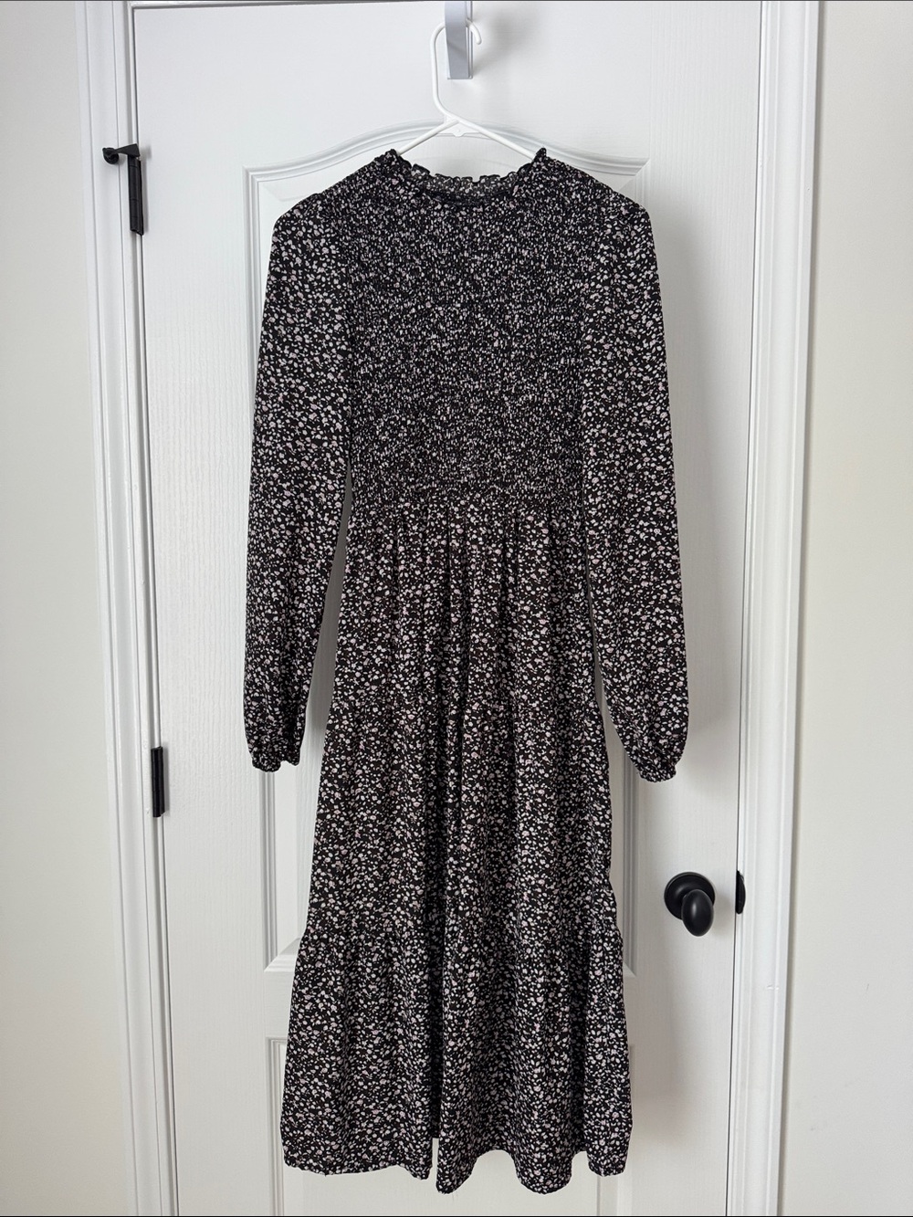 SHEIN | Black Floral Long Sleeve Smocked Midi Dress
